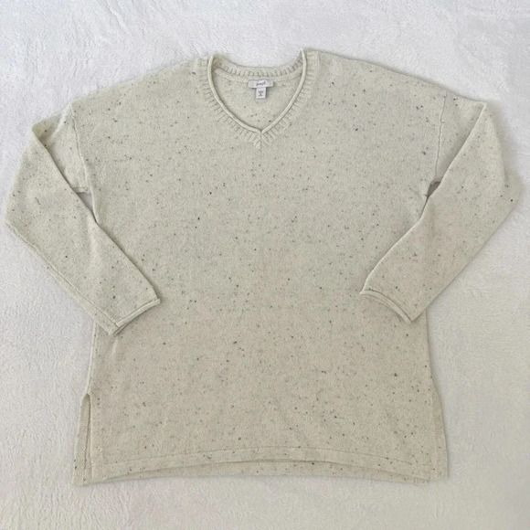 J Jill Pure Jill Sweater XS Petite White Speckled Knit V-Neck Tunic Pullover - Picture 1 of 11